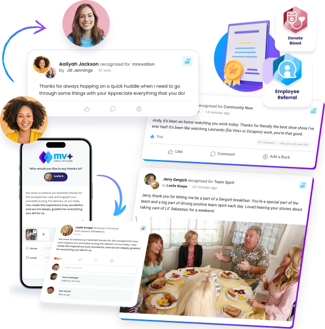 Collage showing people appreciating each other with messages of gratitude and recognition, including a group of four adults talking at a breakfast table and various thank-you notes on screens Motivosity