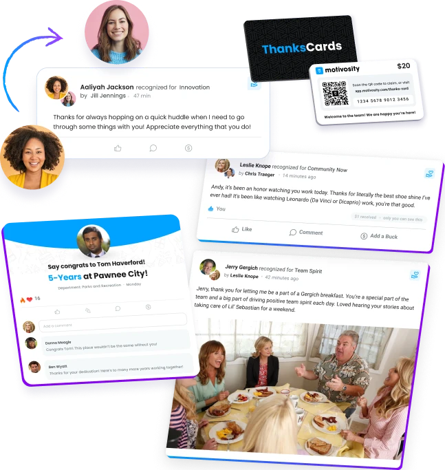 Collage of employee recognition messages, a group of people having breakfast, and ThanksCards gift cards representing team appreciation and motivation.