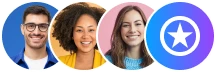 Diverse employees connected through Motivosity's employee recognition platform, with a star badge representing peer-to-peer appreciation.
