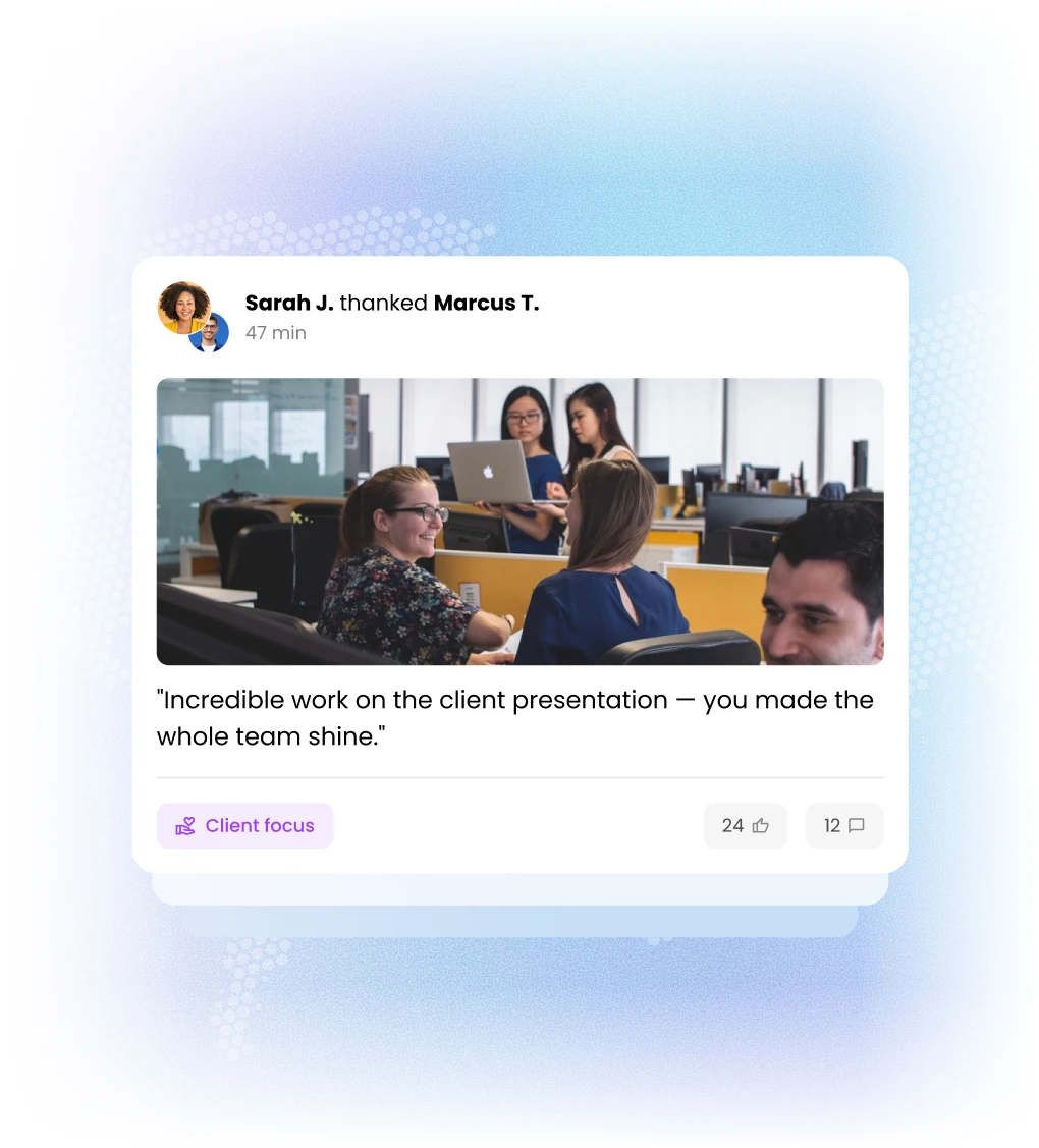 Motivosity peer-to-peer recognition post showing an employee thanking a teammate for excellent client presentation work, tagged with a Client Focus core value.