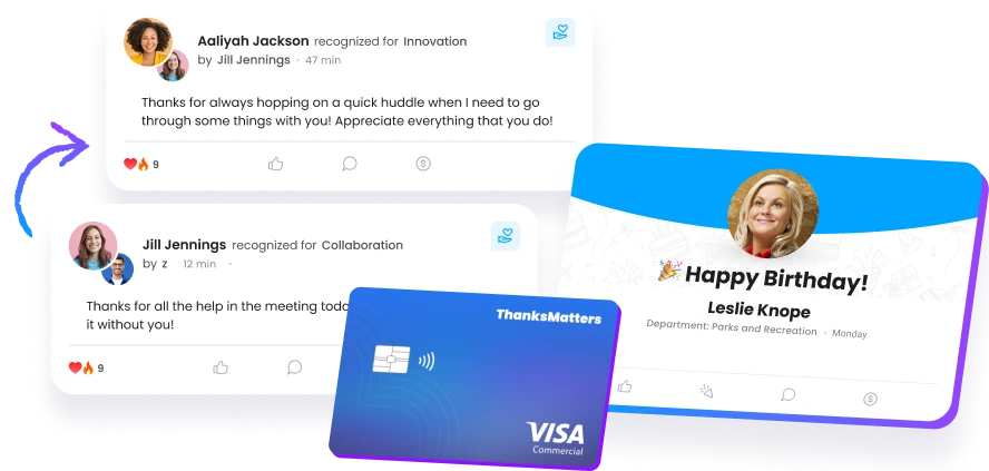 Motivosity employee recognition feed with peer appreciation posts, an employee birthday milestone, and the ThanksMatters Visa rewards card.