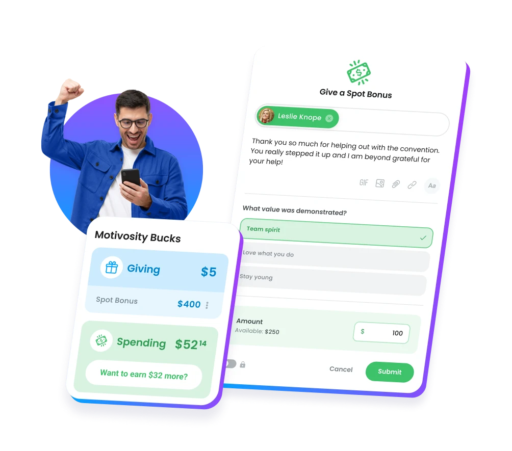 Motivosity manager spot bonus interface showing a $100 award tied to a core value, with the recipient's Motivosity Bucks rewards balance.