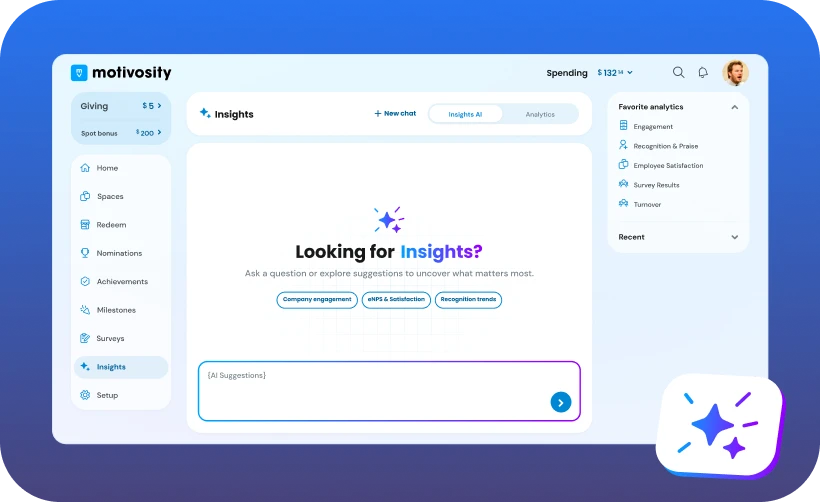 AI-powered Motivosity Insights AI dashboard answering HR questions about engagement, recognition, and eNPS.