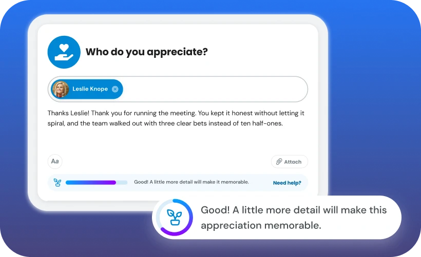 AI-powered recognition coaching from Motivosity Meaningful Meter, scoring appreciation messages in real time.