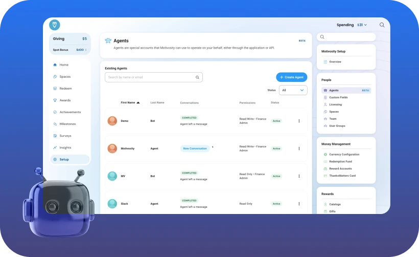 AI agents for HR — Motivosity Agents automate recognition program busywork with permission-based controls.