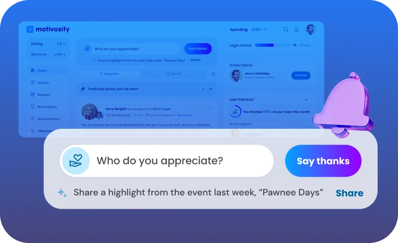 AI recognition nudges from Motivosity Next-Best-Action helping managers act on the moments that matter.