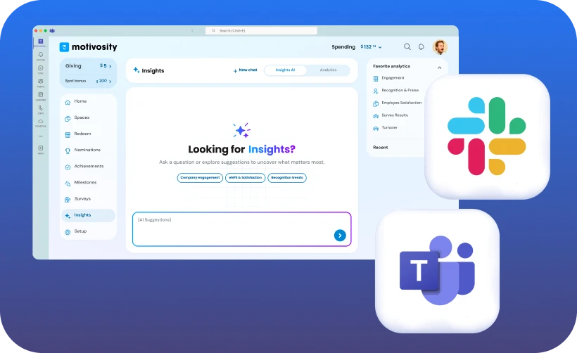 Employee recognition in Slack and Microsoft Teams powered by Motivosity AI agents and Appreciation Intelligence.
