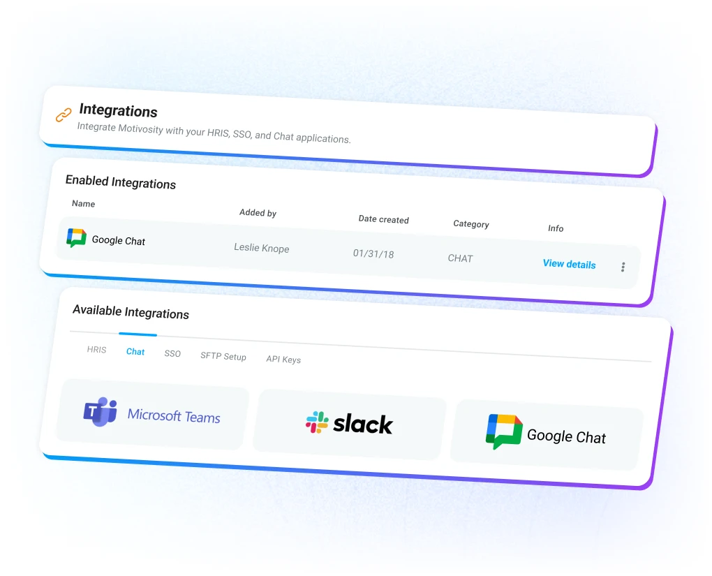 User interface showing enabled and available chat integrations including Google Chat, Microsoft Teams, and Slack.