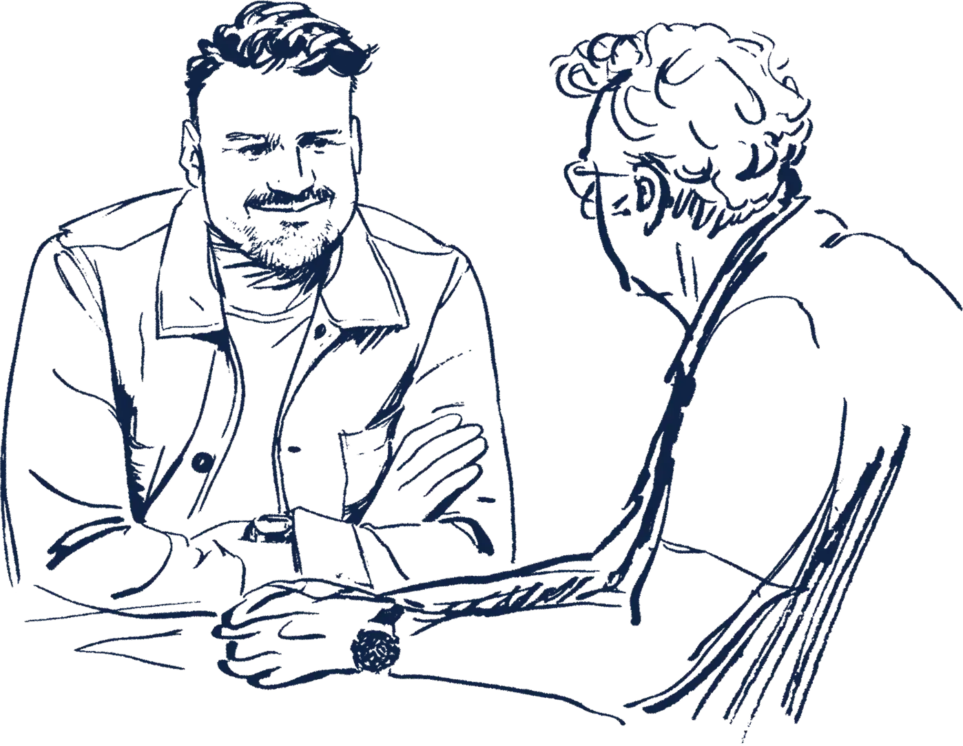 Line drawing of two men sitting at a table, one facing forward with arms crossed, the other facing sideways, engaged in conversation.