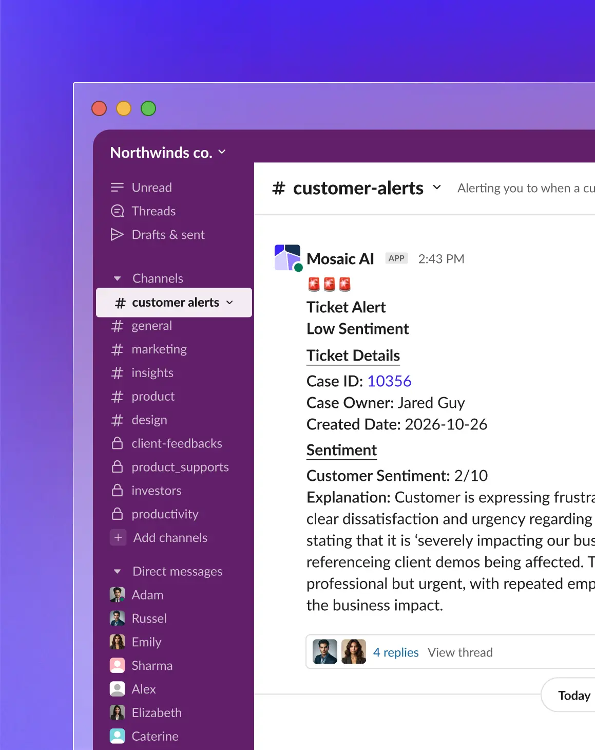 Slack interface showing the Northwinds co. workspace with the 'customer alerts' channel selected on a purple sidebar listing channels and direct messages. The main panel displays a message from the Mosaic AI app at 2:43 PM with a Ticket Alert for Low Sentiment, including case details: Case ID 10356, Owner Jared Guy, Created Date 2026-10-26. It shows customer sentiment as 2/10 with an explanation about customer frustration and business impact. Below are avatars of two users and 4 replies with an option to view the thread.