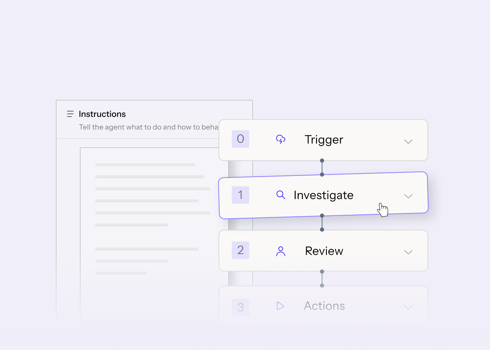 User interface showing a vertical workflow with four steps labeled Trigger, Investigate, Review, and Actions, with Investigate highlighted and a cursor pointer on it.