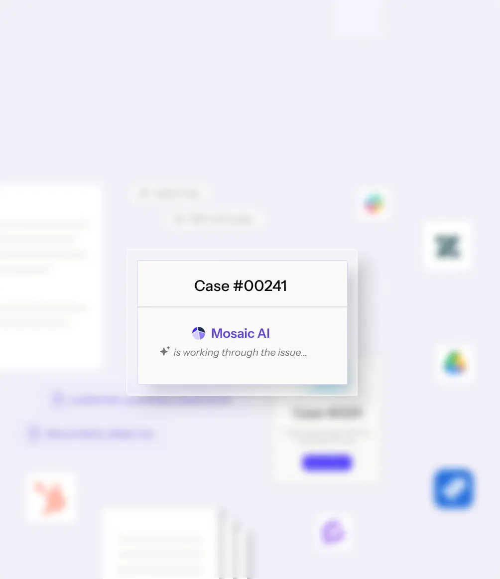 A digital interface displaying a case identifier labeled 'Case #00241' with a note that Mosaic AI is working through the issue, shown on a soft purple background with blurred icons.