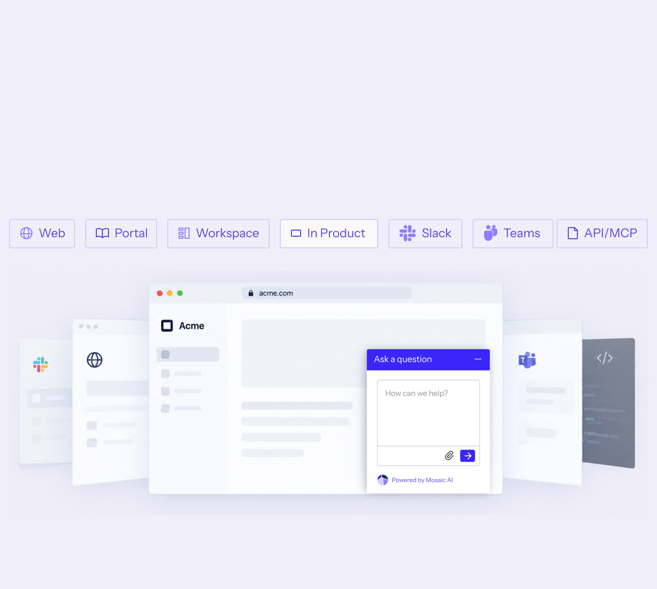 A row of icons and labels for deployment options including Web, Portal, Workspace, In Product, Slack, Teams, and ACI/MCP above a digital interface mockup featuring a chat widget titled 'Ask a question' with a text input box and submit button.