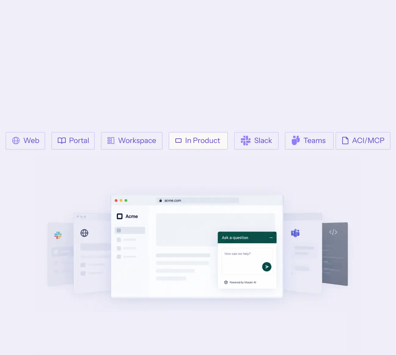 A row of icons and labels for deployment options including Web, Portal, Workspace, In Product, Slack, Teams, and ACI/MCP above a digital interface mockup featuring a chat widget titled 'Ask a question' with a text input box and submit button.