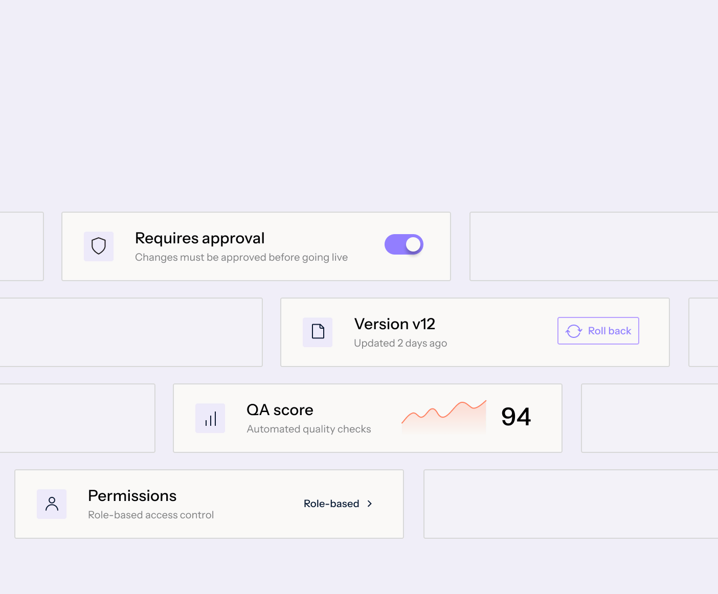 User interface with toggled option requiring approval before changes go live, version v12 updated 2 days ago with rollback button, QA score of 94 shown with an upward trend graph, and permissions section for role-based access control.
