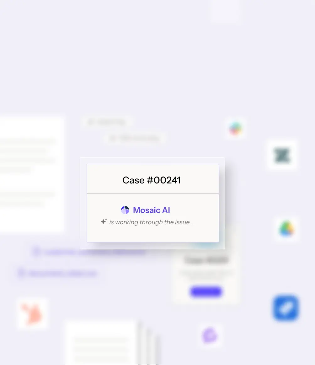 A digital interface displaying a case identifier labeled 'Case #00241' with a note that Mosaic AI is working through the issue, shown on a soft purple background with blurred icons.