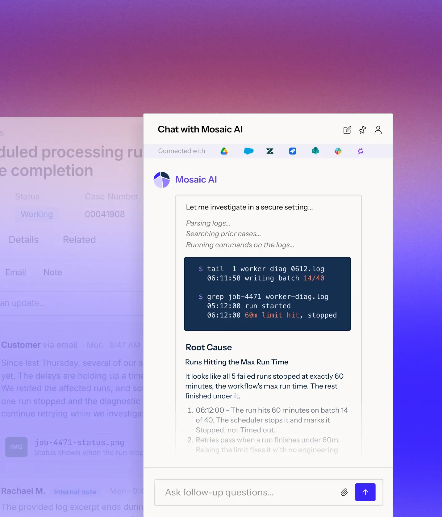 Chat interface with Mosaic AI showing diagnostic investigation of technical issue, including parsing logs, searching prior cases, and running Python commands related to SAML response claims and group mapping, followed by explanation of root causes involving OAuth refresh token race condition with Salesforce workers and token expiration.