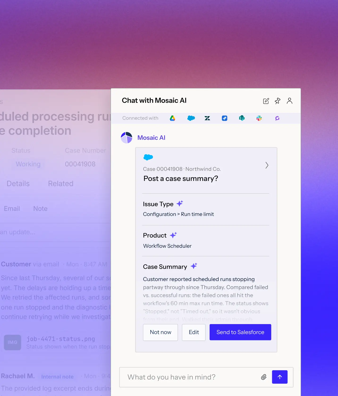 Chat window showing conversation with Mosaic AI Assistant where a customer asks about Intercom integration; Mosaic AI responds that it supports Intercom integration for searching conversations, users, and tags and instructs that integration must be set up by an Intercom admin with steps to connect and authorize access, with options to send the update to Salesforce, edit, or delay.