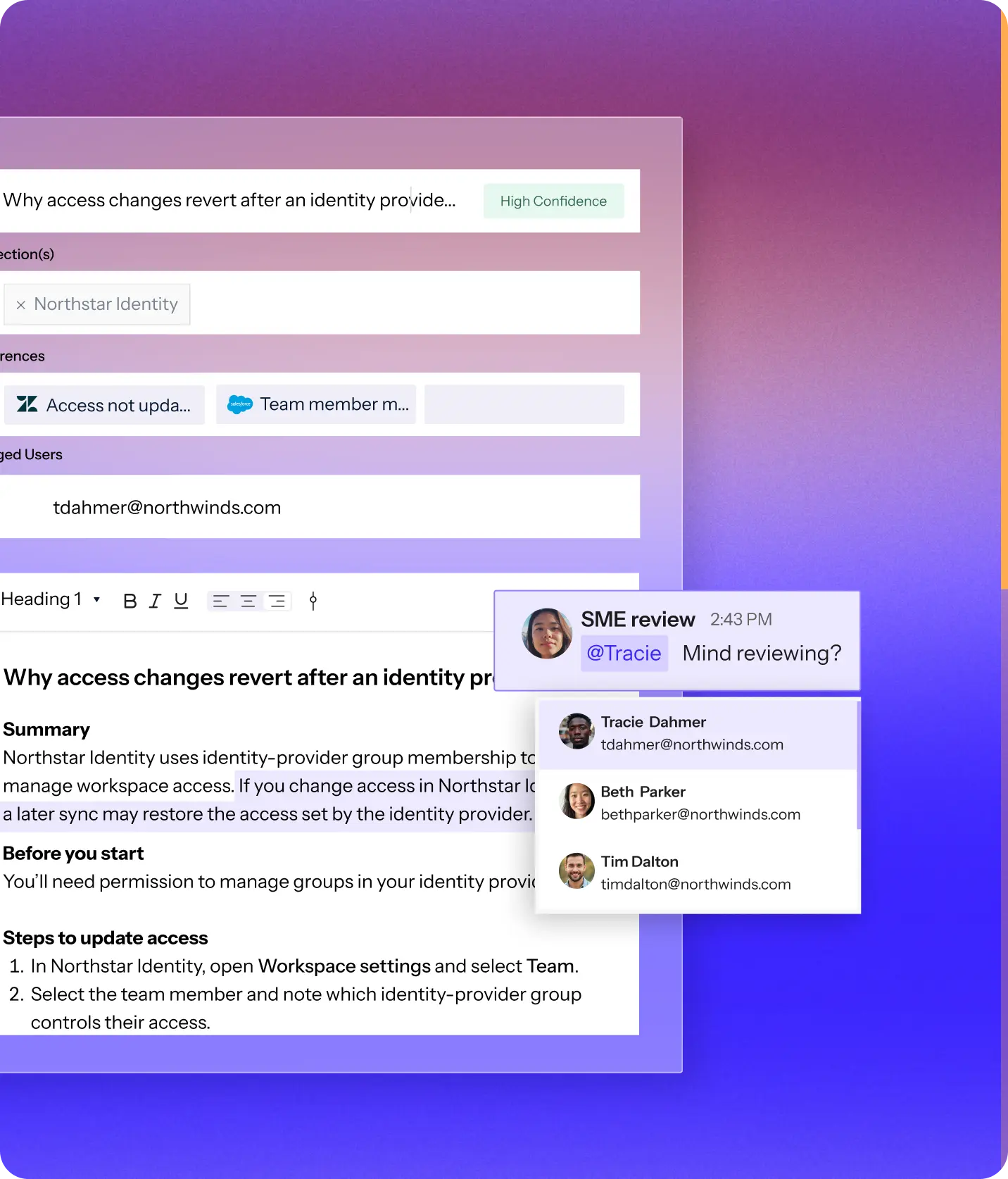 Screenshot of a digital workspace showing a document titled 'Why access changes revert after an identity provider...' with summary and steps to update access. The document discusses Northstar Identity and permissions for managing workspace access. A sidebar chat shows a message from SME review asking @Tracie to review, with contact cards for Tracie Dahmer, Beth Parker, and Tim Dalton, each showing name, email, and profile picture.