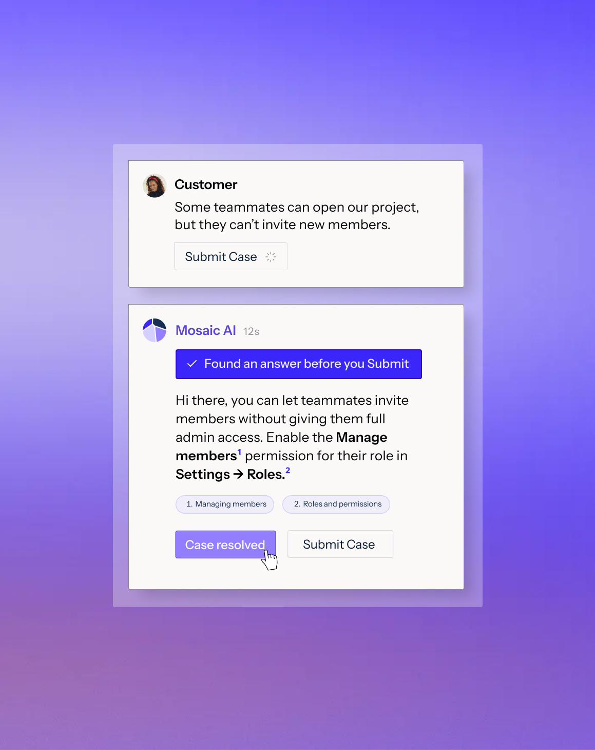 Chat interface showing a user Priya reporting export failures after a recent upgrade and an automated response from Mosaic explaining the SAML certificate expired, advising to upload a new one in Admin > SSO, with buttons labeled 'Case resolved' and 'Keep building'.