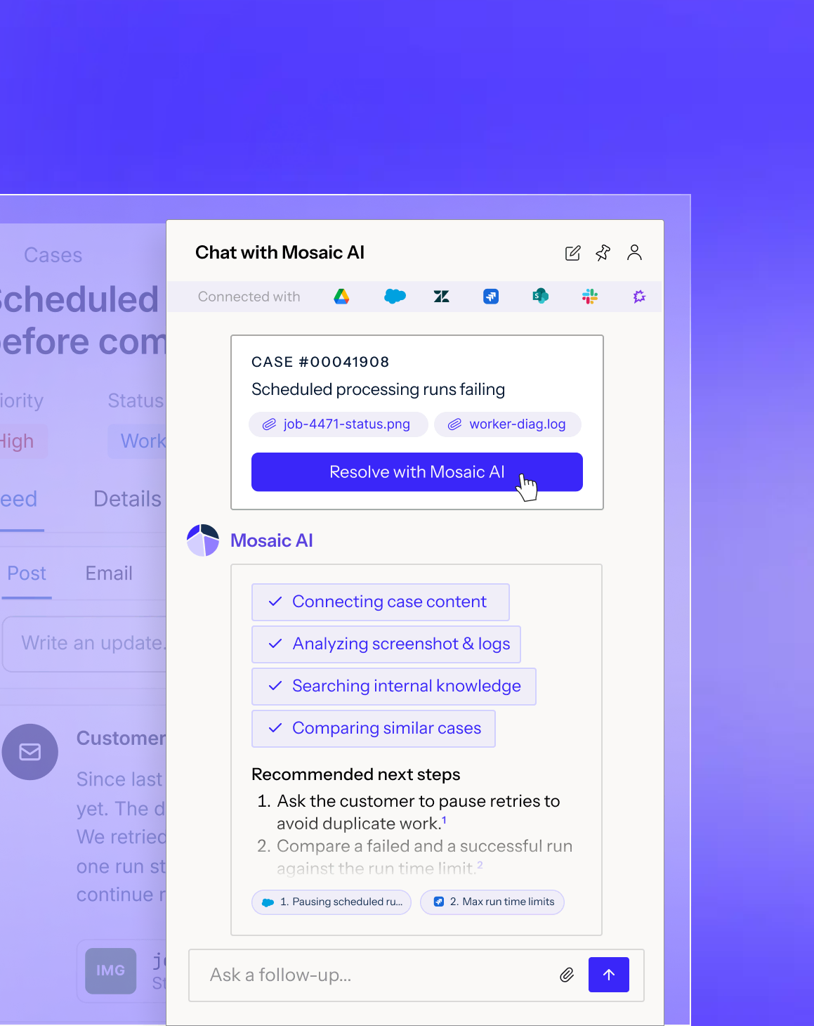 Chat interface with Mosaic AI Assistant showing a user asking about an upload failure and requesting a fix and clean document. The AI replies explaining the upload fails because the CSV data violates the required schema and validation rules due to duplicate IDs, invalid or missing fields, and one row with an extra comma, also noting separate database TOAST corruption errors seen in logs. Attached files named SSO-error.png, export.log, customer_summary_failure.txt, and document_clean.csv are displayed.
