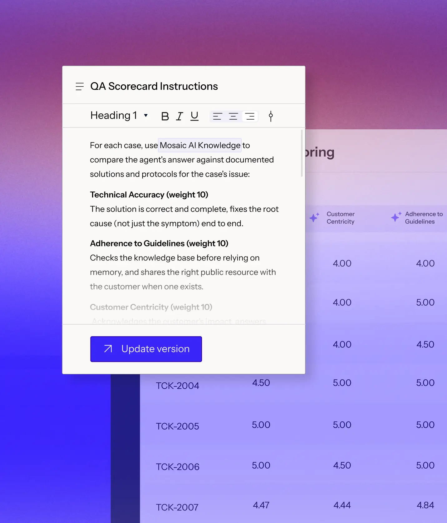 Digital interface showing 'QA Scorecard Instructions' with text explaining the use of Mosaic AI Knowledge for comparing agent answers against documented solutions, detailing criteria like Technical Accuracy and Adherence to Guidelines, and a blue button labeled 'Update version' below the text on a purple gradient background.