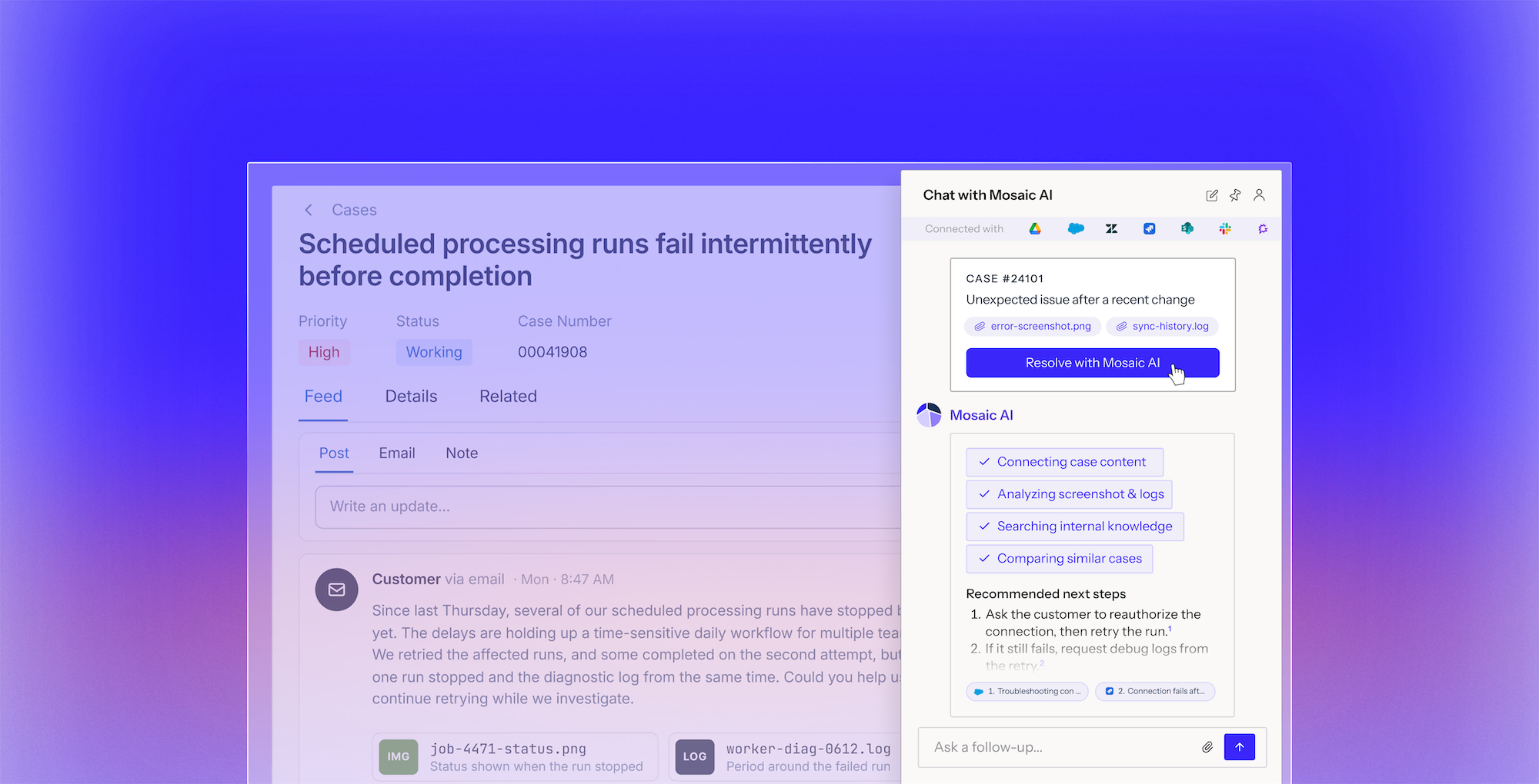 Screenshot of a chat interface showing a case about CRM records not syncing into Meridian with an AI assistant analyzing case content, screenshots, logs, and recommending next steps to resolve the issue.