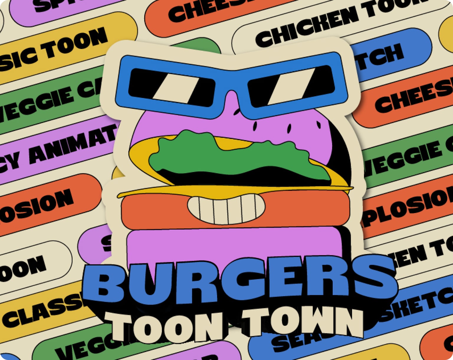 Illustration du personnage-burger avec lunettes en 3D sur un fond rempli d’étiquettes de noms de burgers