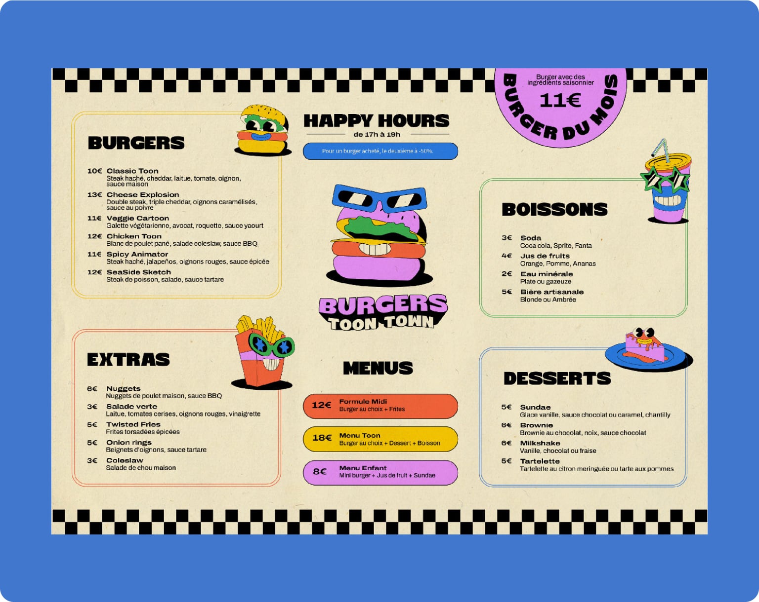 Menu imprimé de Toon Town Burgers avec burgers, menus, boissons, extras et desserts illustrés dans un style coloré