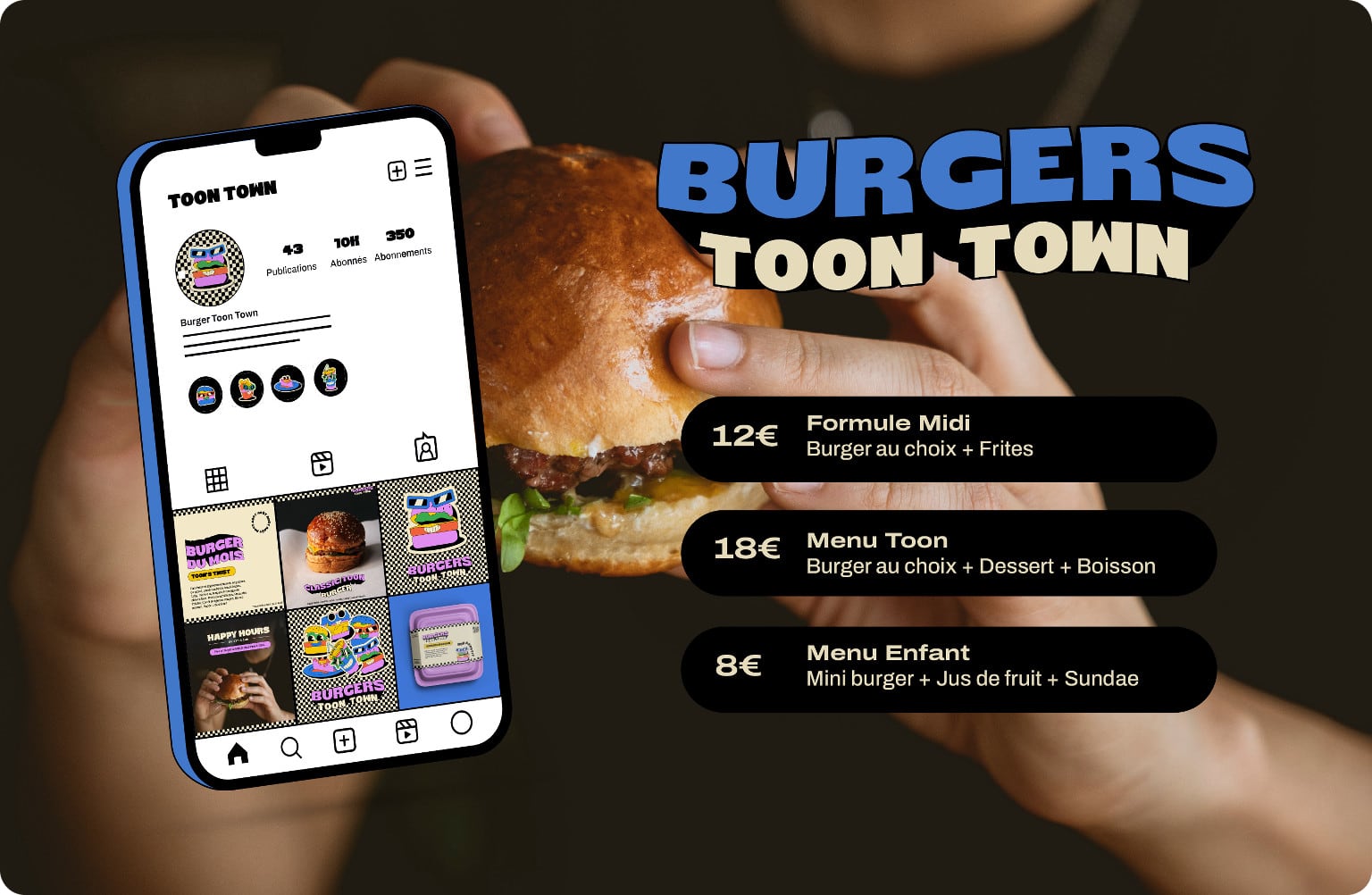 Annonce du burger du mois avec description des ingrédients sur fond beige
