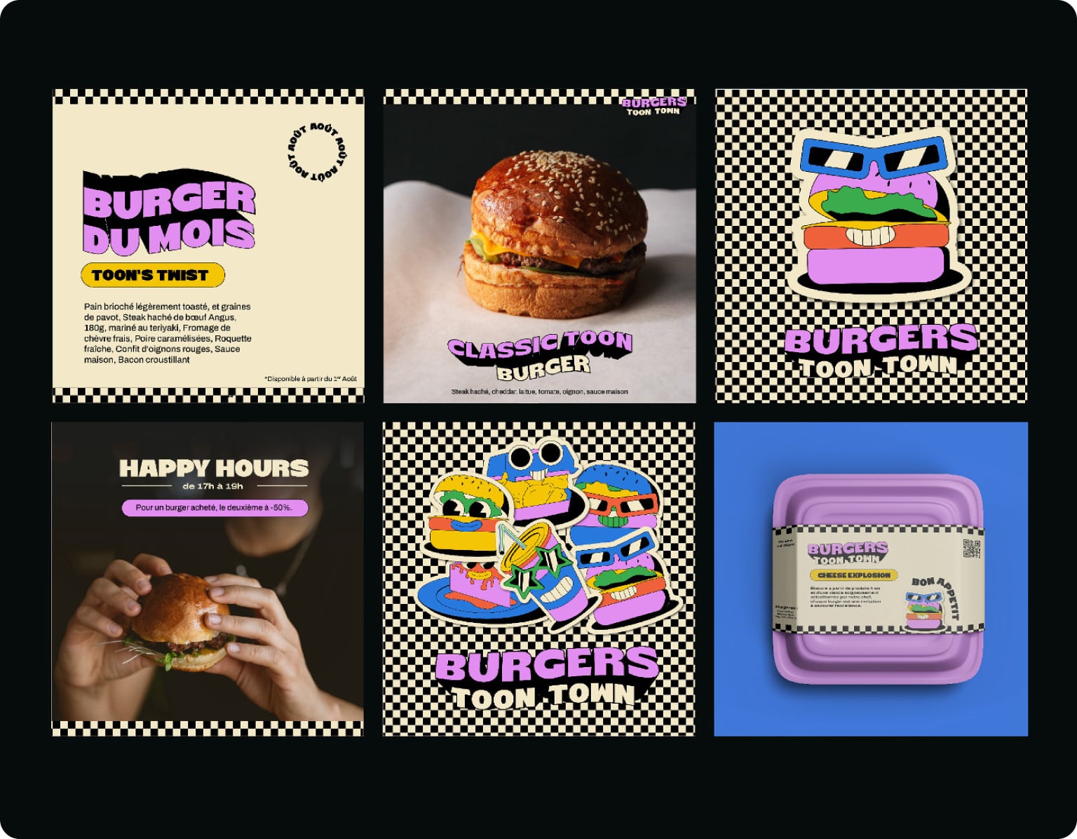 Aperçu d’un ensemble de publications Instagram de Toon Town Burgers, mêlant burgers et illustrations colorées
