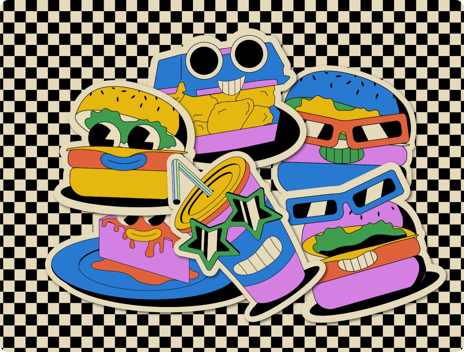 Plusieurs illustrations style cartoon représentant des burgers, desserts et boissons avec visages