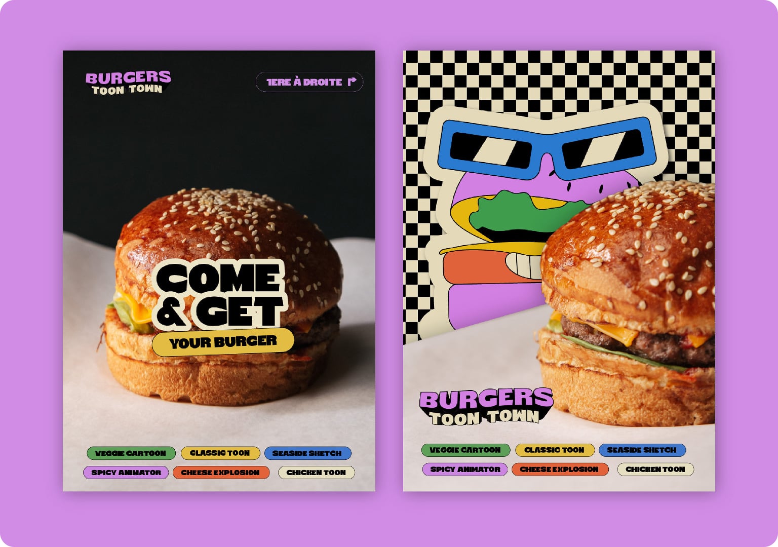 Gros plan sur un burger au sésame accompagné du texte Come & Get Your Burger sur fond noir