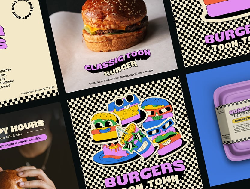 Galerie de visuels promotionnels avec burgers et personnages illustrés sur fond à damier