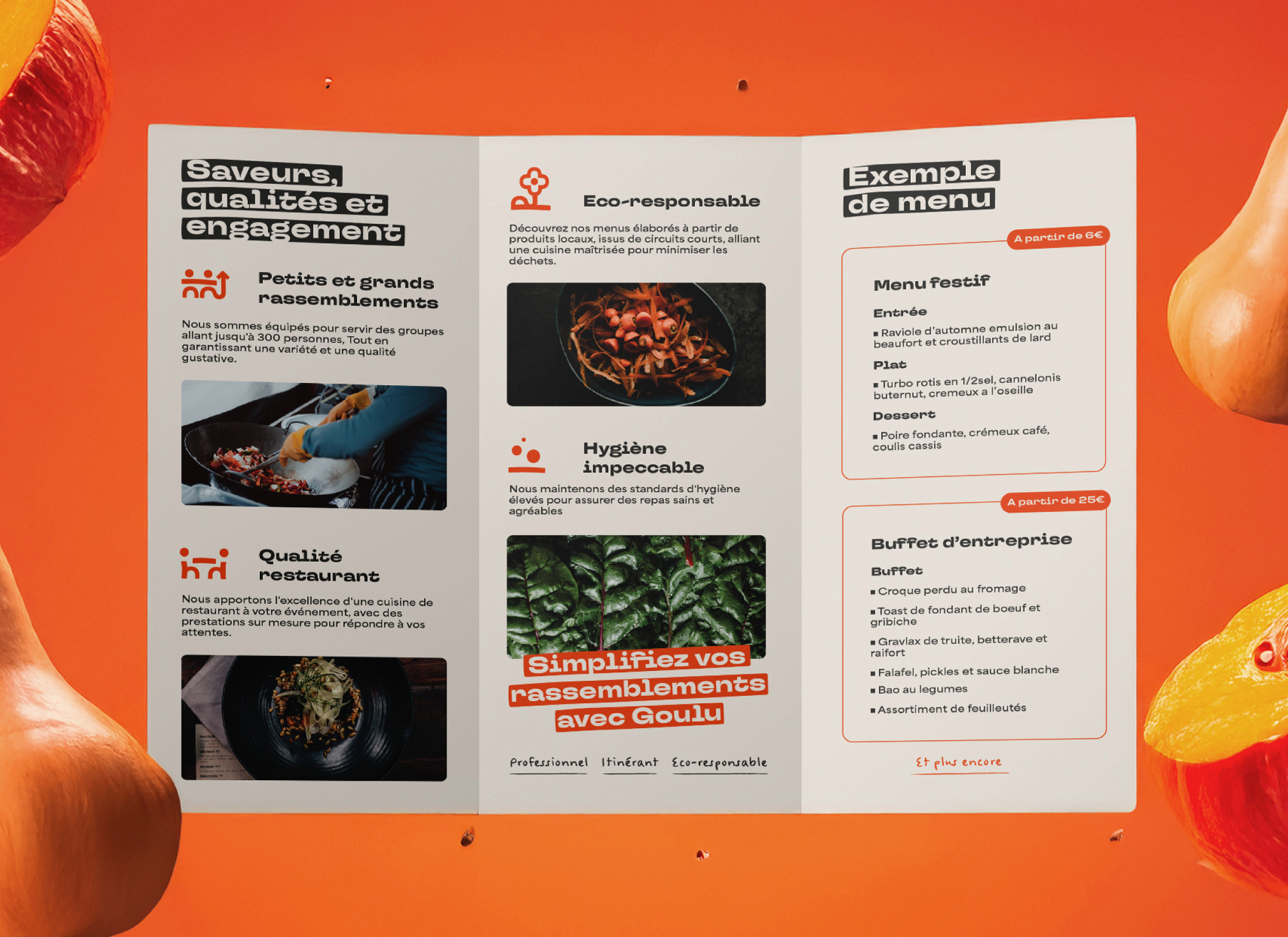 Dépliant trois volets présentant les services traiteur de Goulu, avec photos culinaires, icônes et description des menus sur fond orange.