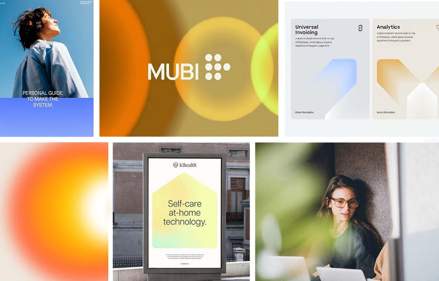 Moodboard de références visuelles réunissant affiches, interfaces et photos illustrant une ambiance lumineuse et moderne.