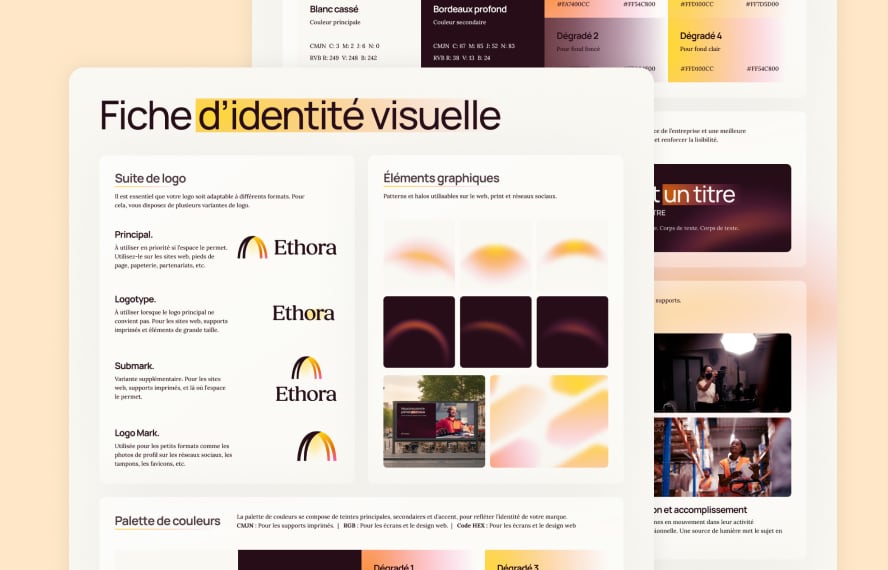 Page de charte graphique Ethora présentant les logos, éléments graphiques et palette de couleurs.