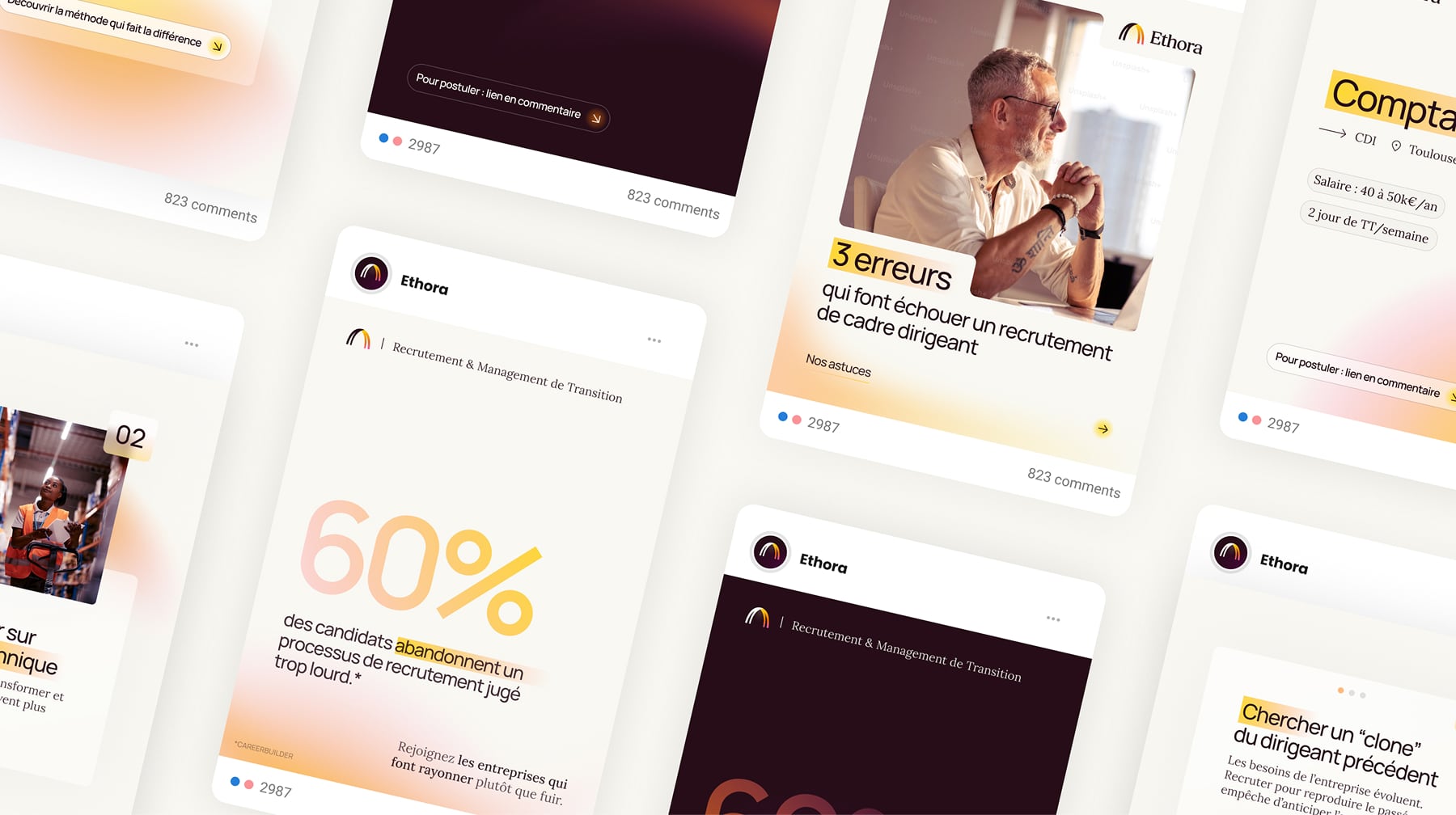 Aperçu de contenus LinkedIn et réseaux sociaux Ethora, mêlant visuels et informations liées au recrutement.