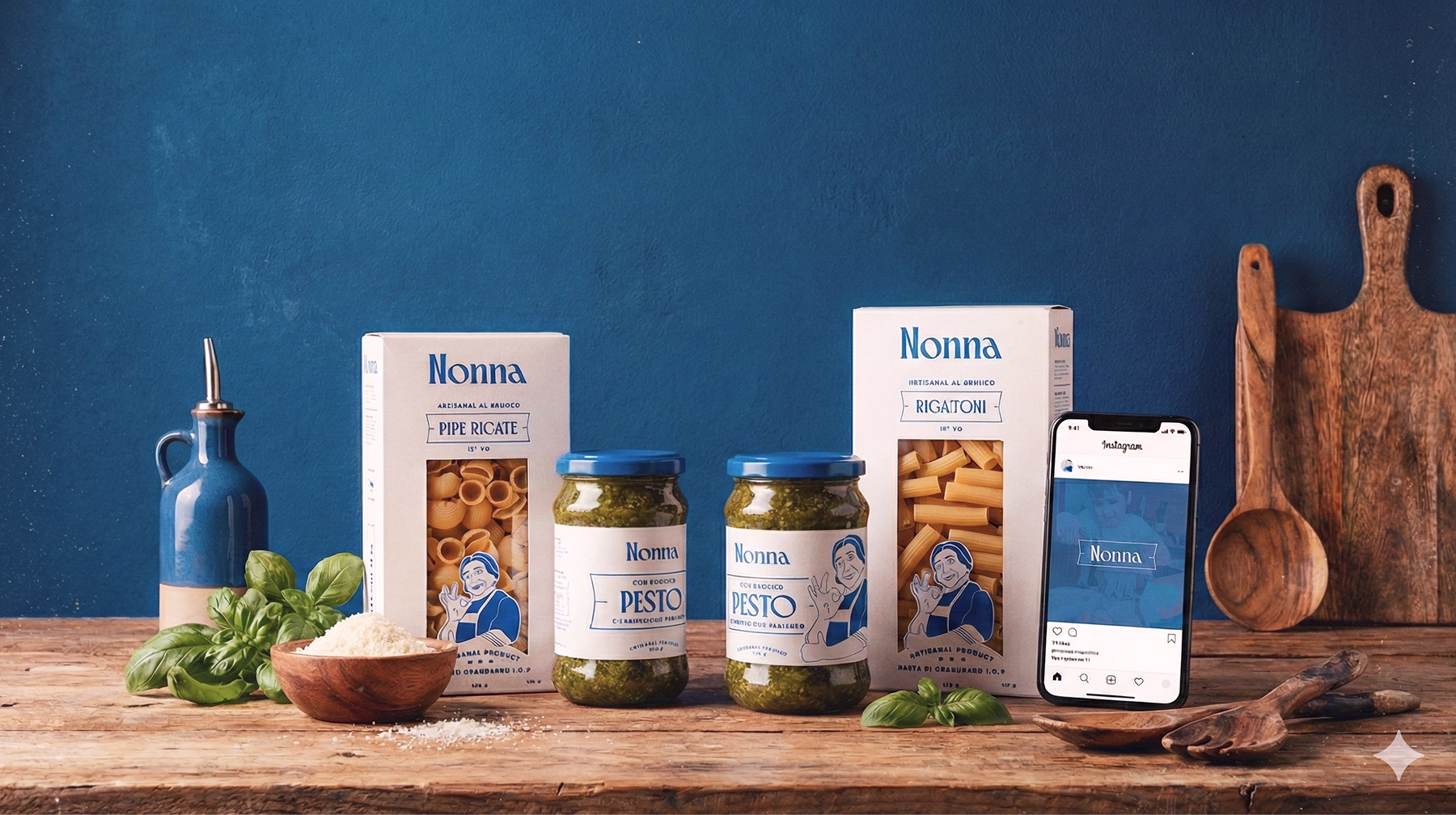 Gamme de produits italiens fictifs incluant pâtes et pesto, avec une identité visuelle artisanale et une direction photo chaleureuse sur fond bleu