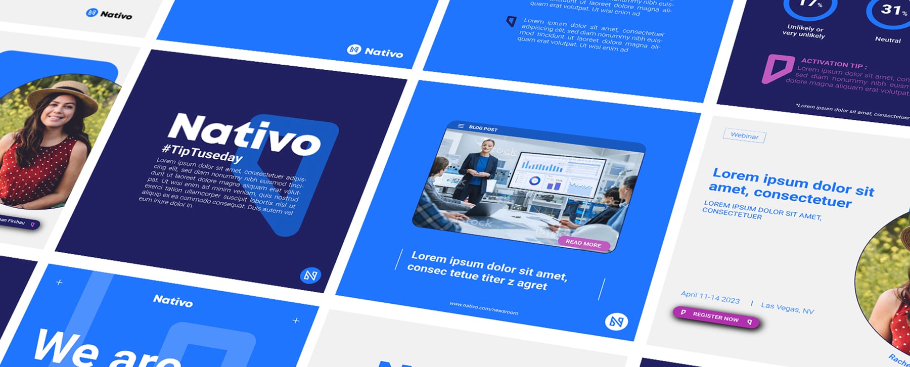 Exemples de templates pour réseaux sociaux destinés à une marque de services numériques, mettant en avant une communication claire et structurée