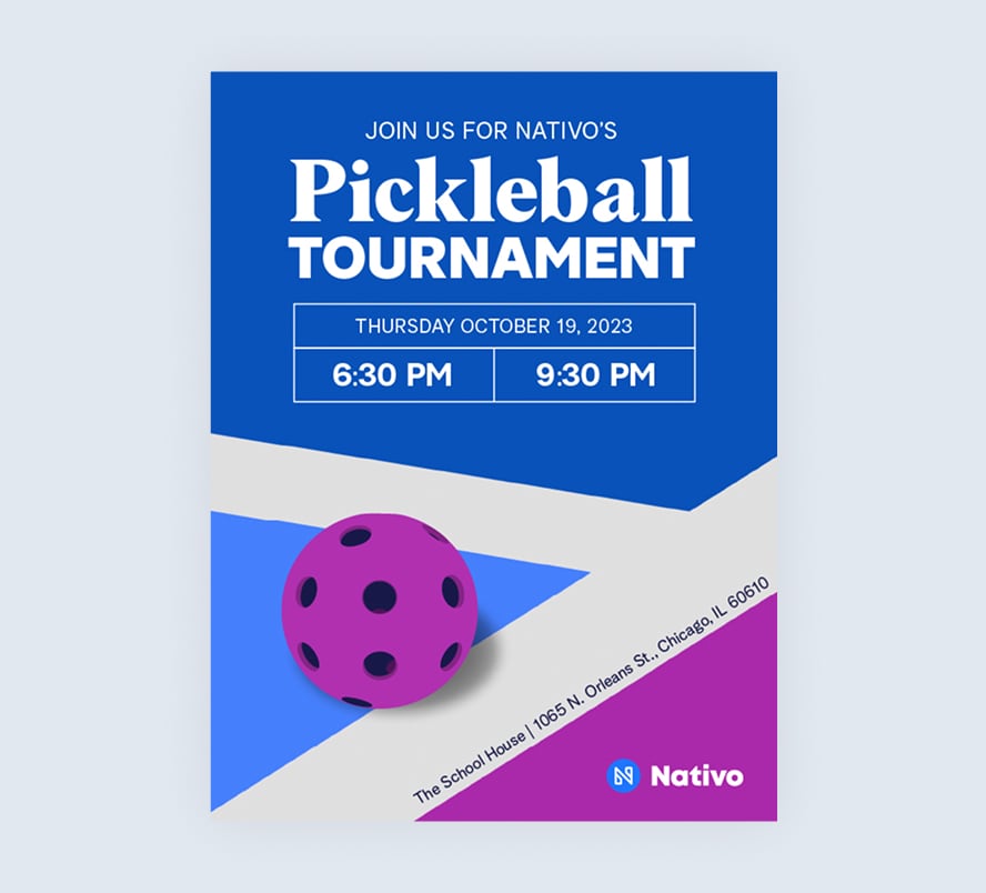 Affiche du tournoi de pickleball avec balle violette en design géométrique.