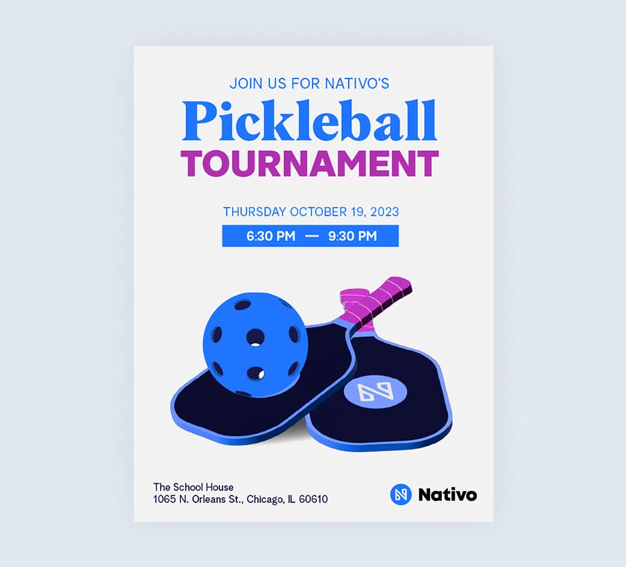 Affiche du tournoi de pickleball avec raquettes et balle en illustration