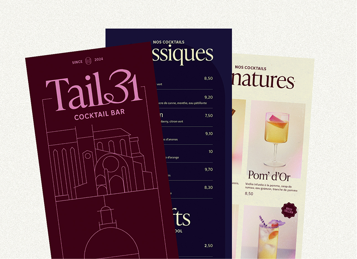 Identité visuelle des menus cocktails du bar Tail31 à Toulouse