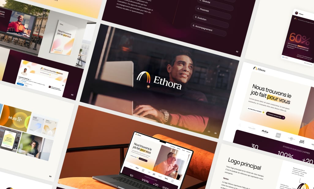 Identité visuelle présentée en contexte pour valider la cohérence du concept de marque.