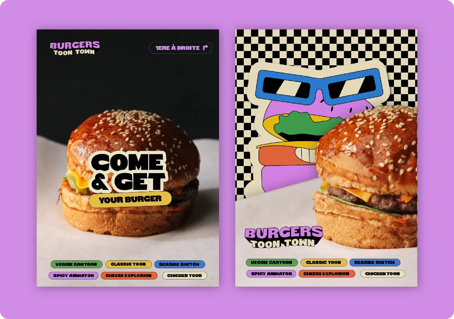 Gros plan sur un burger au sésame accompagné du texte Come & Get Your Burger sur fond noir