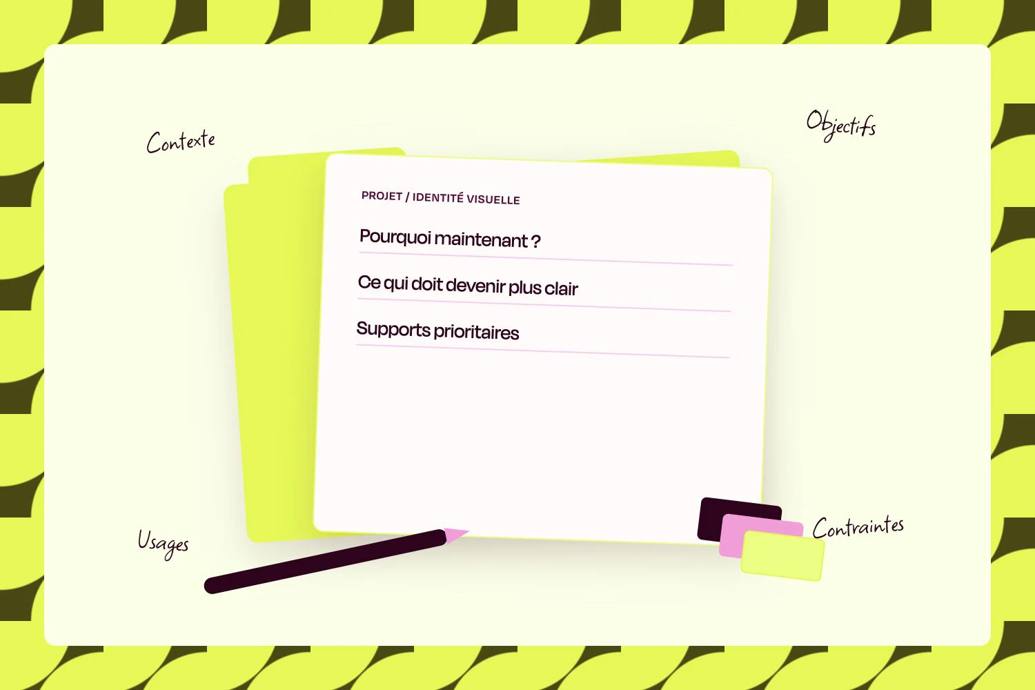 Composition graphique représentant les quatre matières utiles d'un brief d'identité visuelle : contexte, objectifs, usages et contraintes.