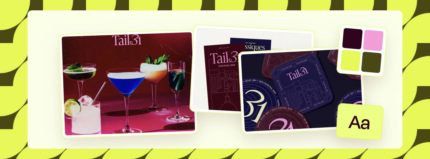 Planche éditoriale composée à partir de l'univers Tail 31, associant photographie de cocktails, menus, couleurs et rythme typographique.