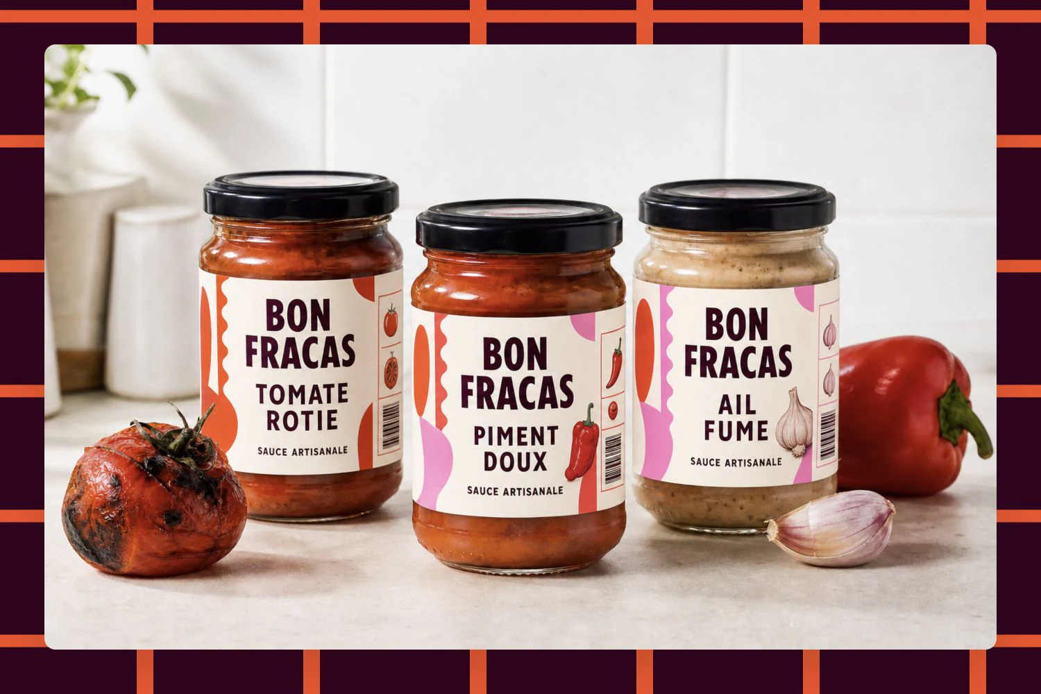 Gamme Bon Fracas composée de trois sauces artisanales aux packagings cohérents, illustrant la construction d'une marque alimentaire.