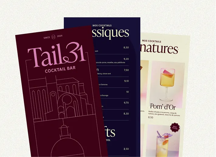 Identité visuelle des menus cocktails du bar Tail 31 à Toulouse
