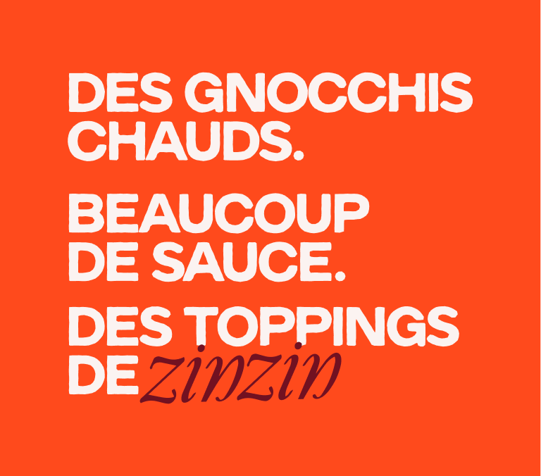 Composition typographique Cotto autour du slogan sur les gnocchis chauds